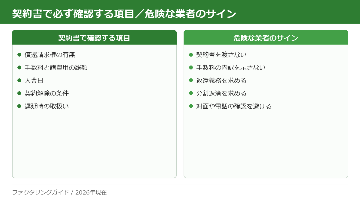 ファクタリング契約書で確認すべき5項目と、危険な業者に共通する5つのサインを並べたチェックリスト。返還義務や分割返済の定めは売買ではなく貸付の疑いがある。