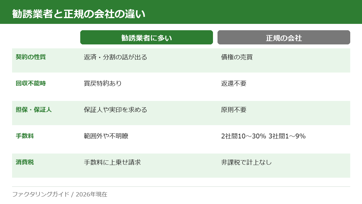 勧誘業者と正規のファクタリング会社の違いを、契約の性質・回収不能時・担保保証人・手数料・消費税の5項目で比較した表